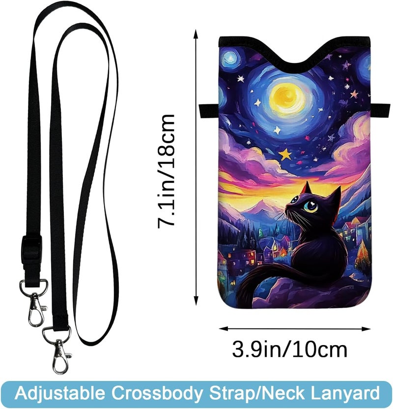 otilil Neoprene Cell Phone Sleeve Pouch Case Bag with Crossbody Strap Neck Lanyard for Women 7.1 X 3.9 in Sky Cat - Image 2